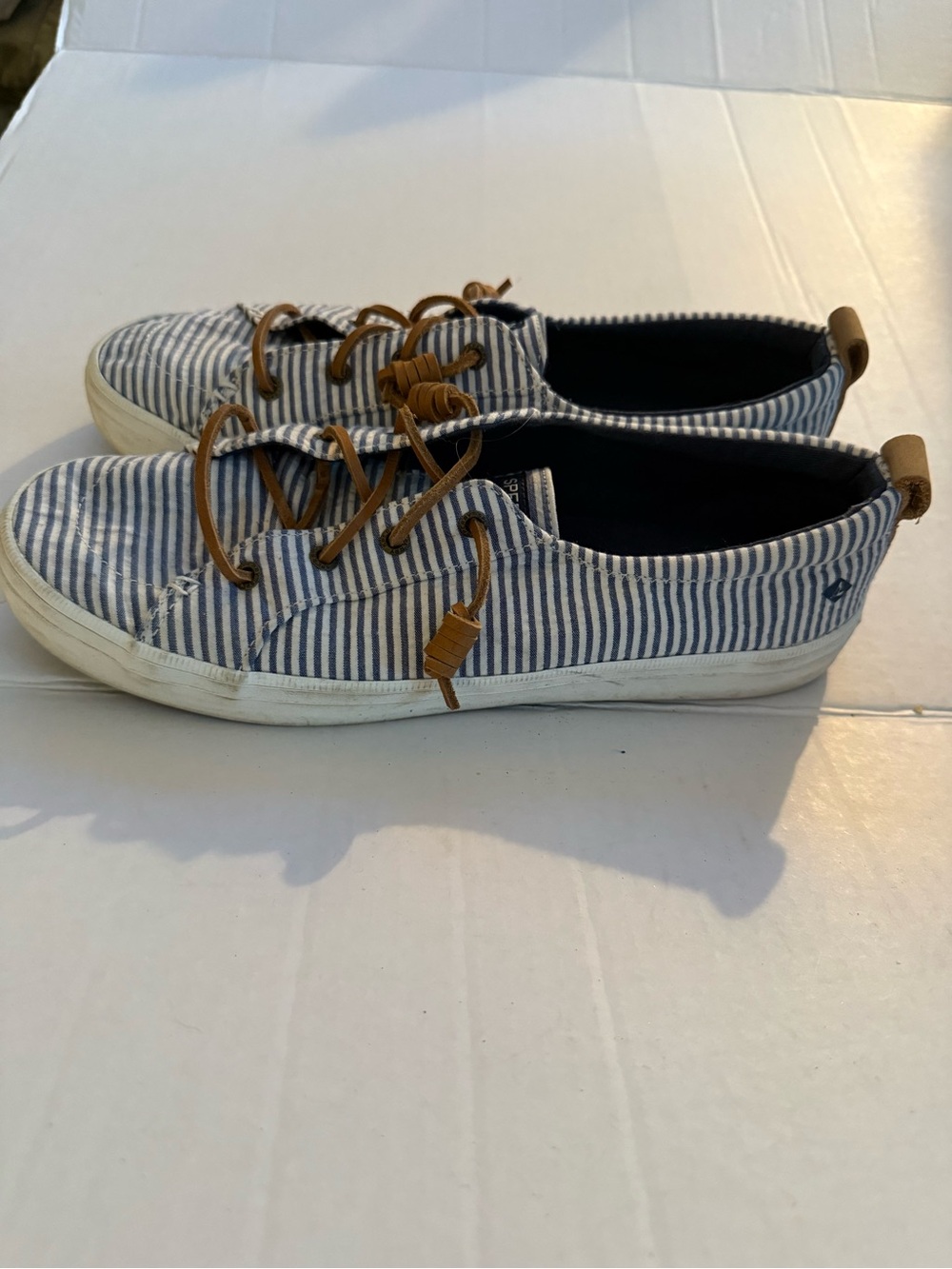 Sperry Blue and White Striped Canvas Sneakers with Tan Laces